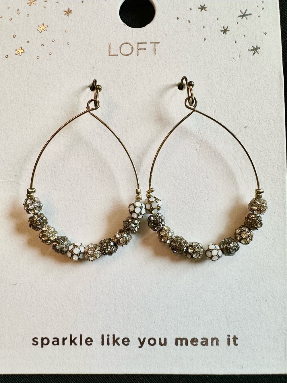 Loft NWT dangle hoop goldtone earrings on ear wires. 10 sparkly beads on each